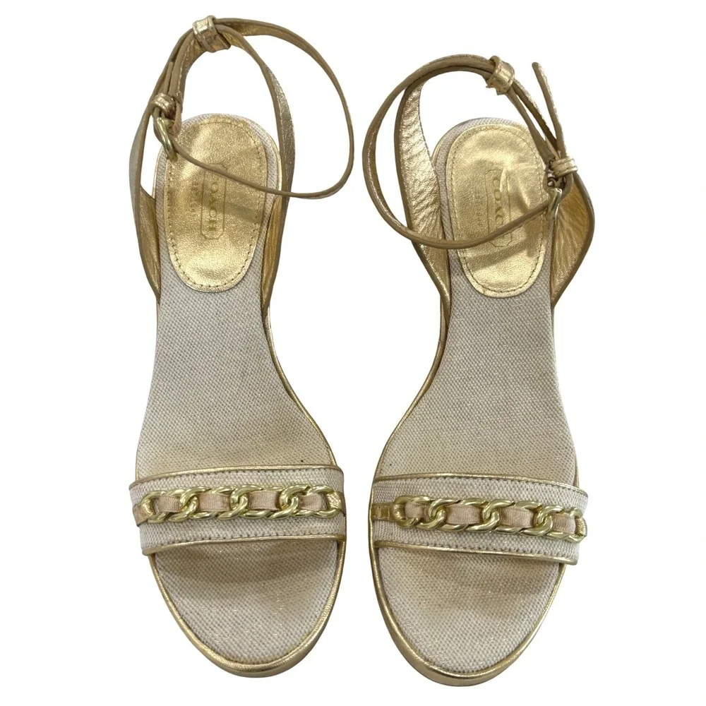 Coach Floral Cork Wedge Sandals‎ Gold Leather Chain Accent Ankle Strap Size 8B